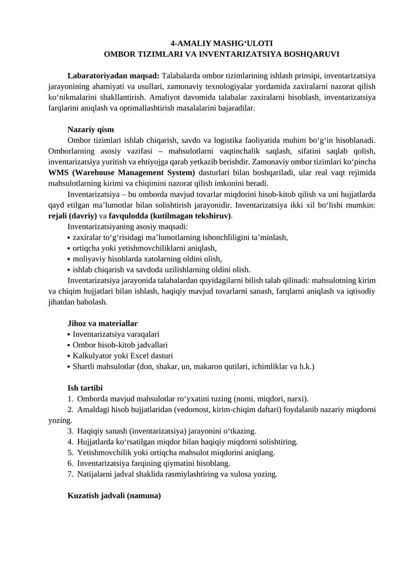 Ombor Tizimlari va Inventarizatsiya Boshqaruv