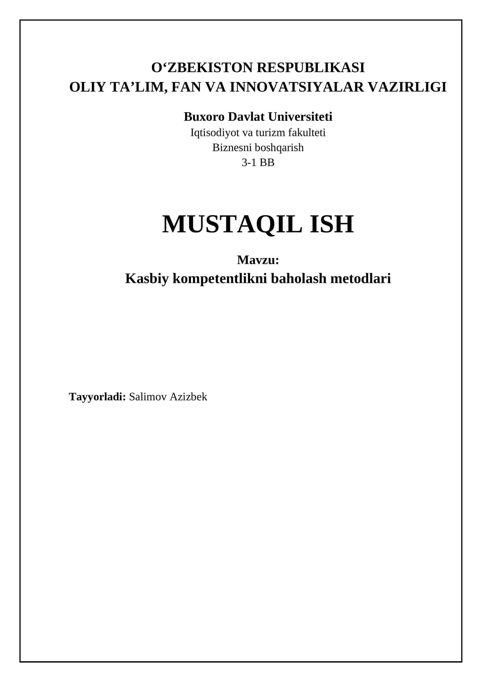 Kasbiy kompetentlikni baholash metodlari