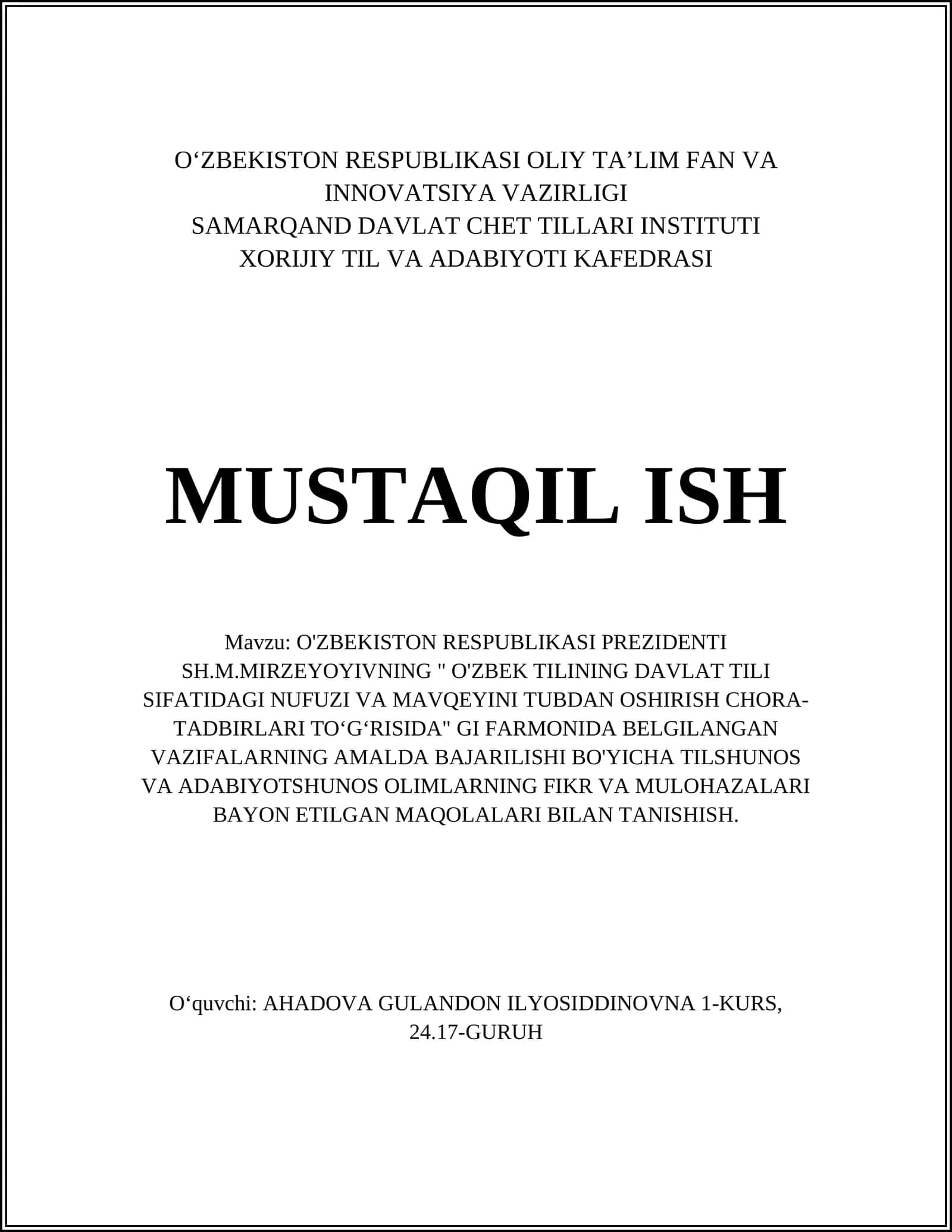 O'ZBEK TILINING DAVLAT TILI SIFATIDAGI NUFUZI VA MAVQEYINI TUBDAN OSHIRISH CHORA-TADBIRLARI