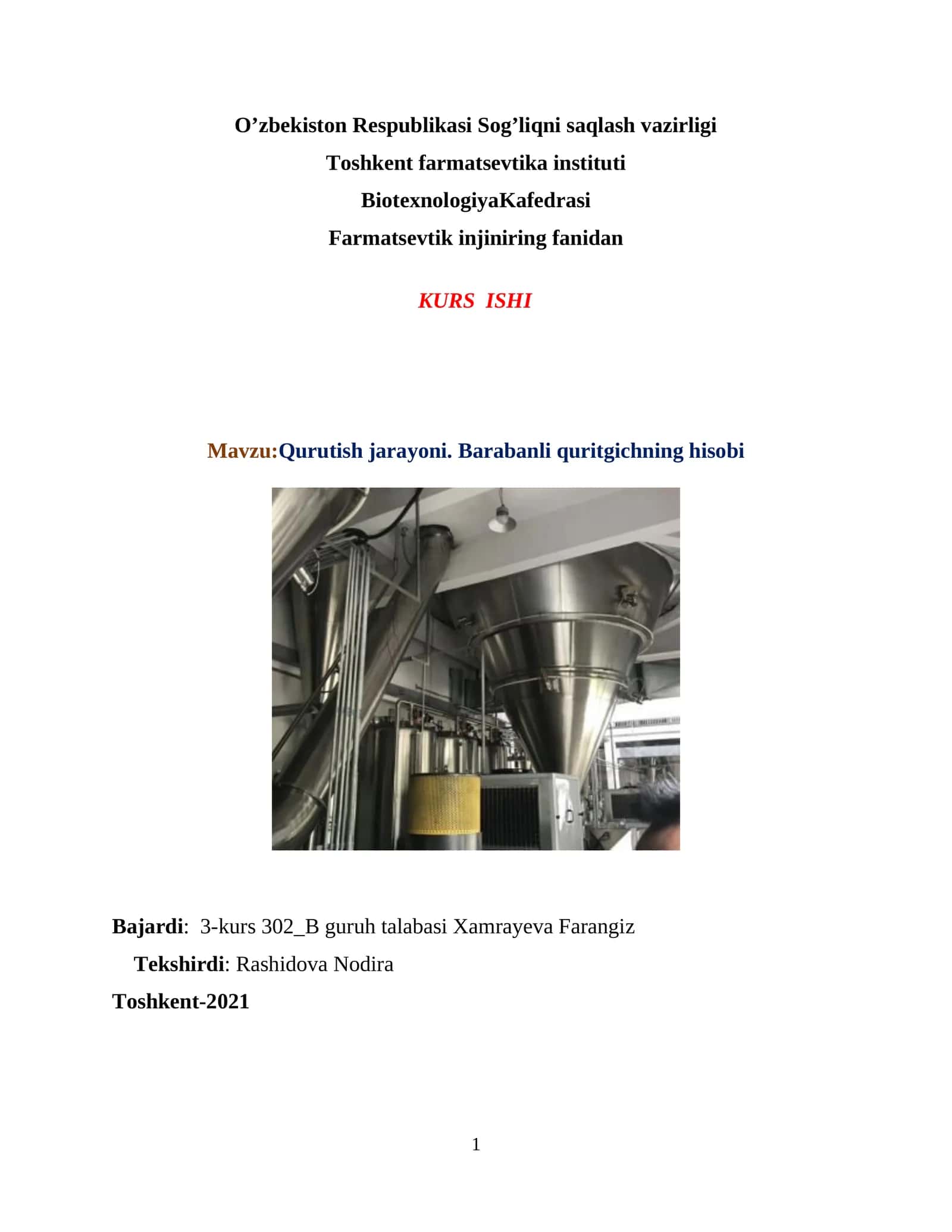 Qurutish jarayoni. Barabanli quritgichning hisobi