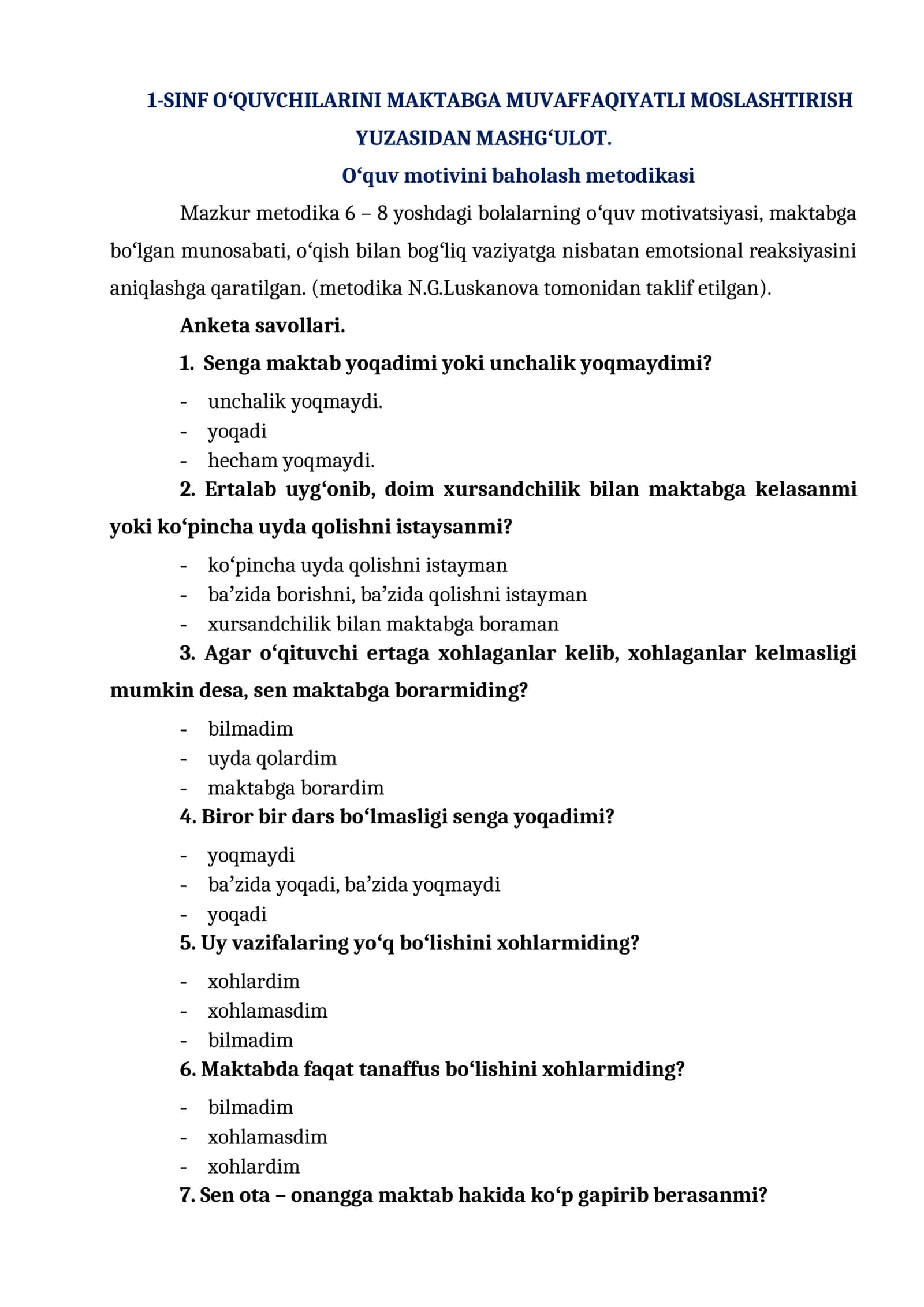 Oʻquv motivini baholash metodikasi