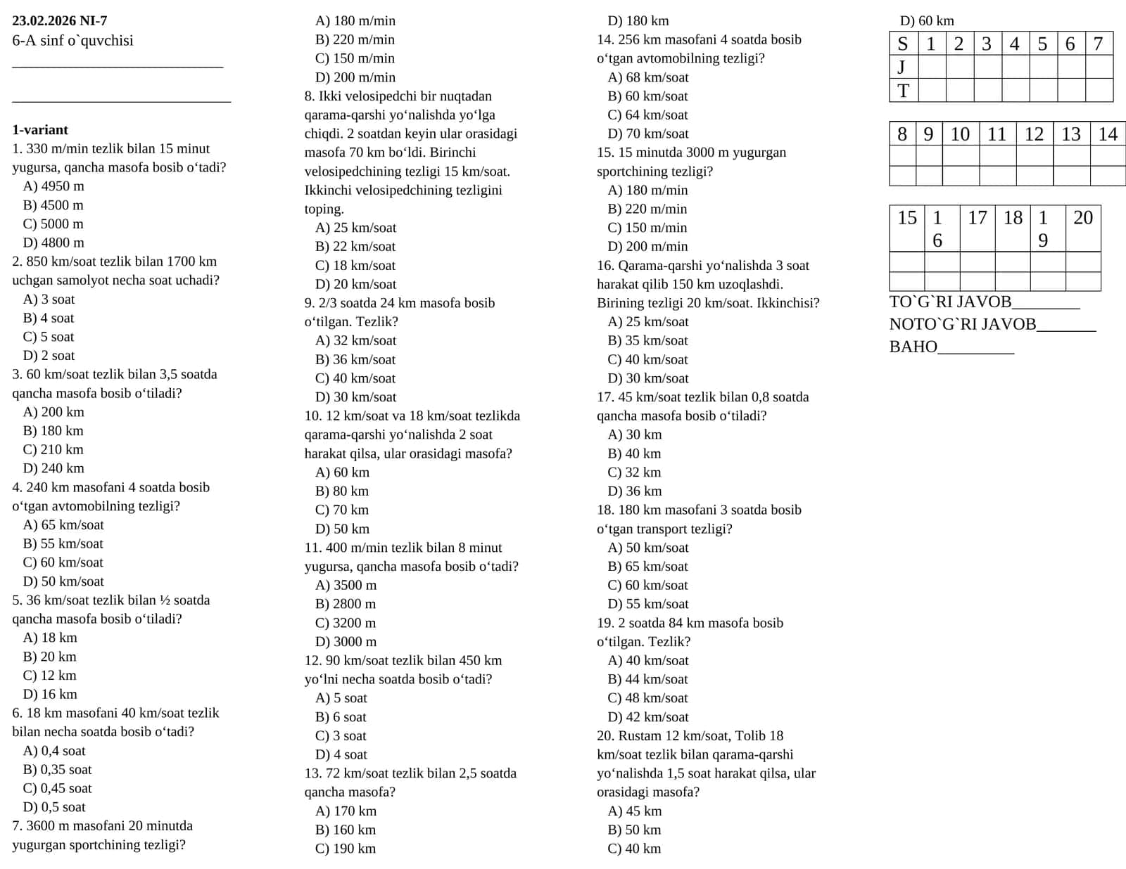 6- sinflar uchun matematika fanidan test savollari