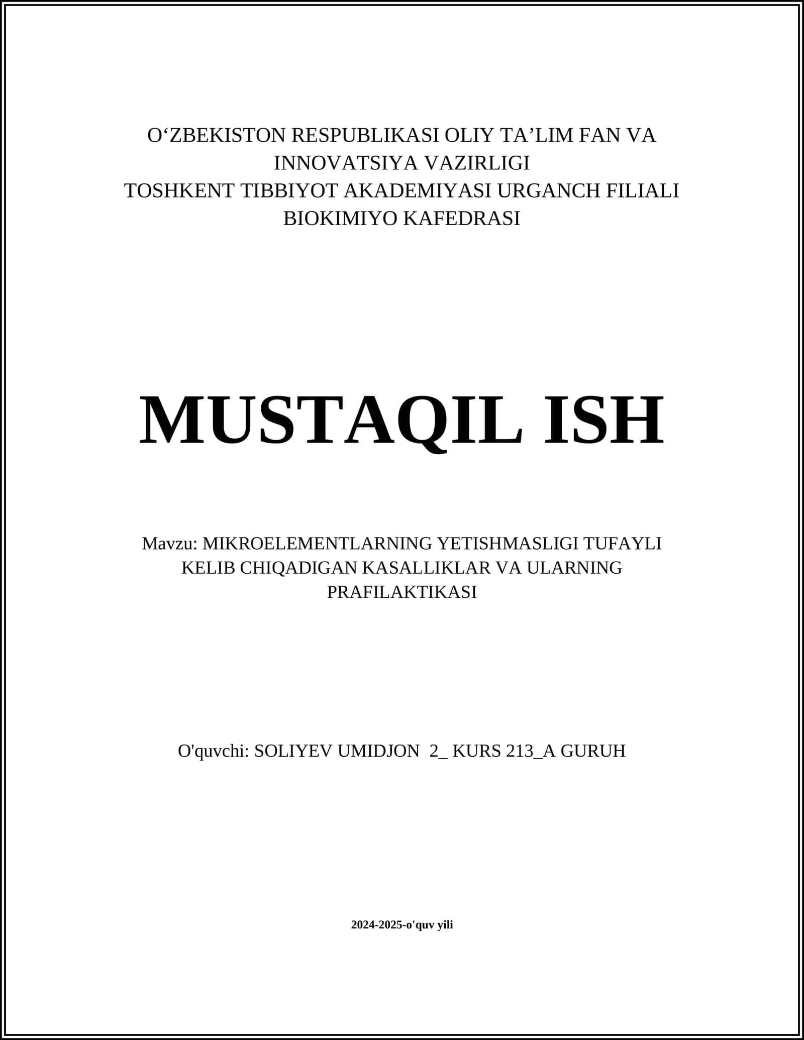 MIKROELEMENTLARNING YETISHMASLIGI TUFAYLI KELIB CHIQADIGAN KASALLIKLAR VA ULARNING PRAFILAKTIKASI