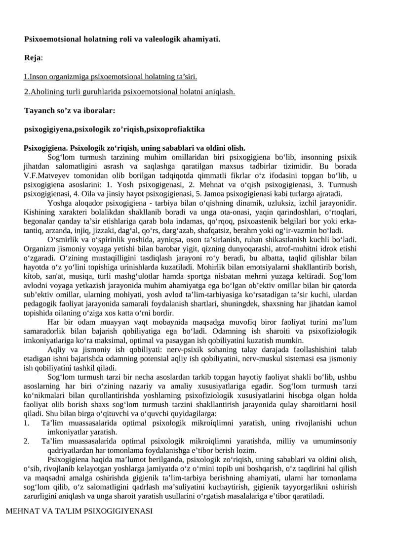 Psixoemotsional holatning roli va valeologik ahamiyati