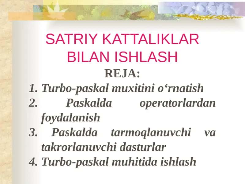 SATRIY KATTALIKLAR BILAN ISHLASH