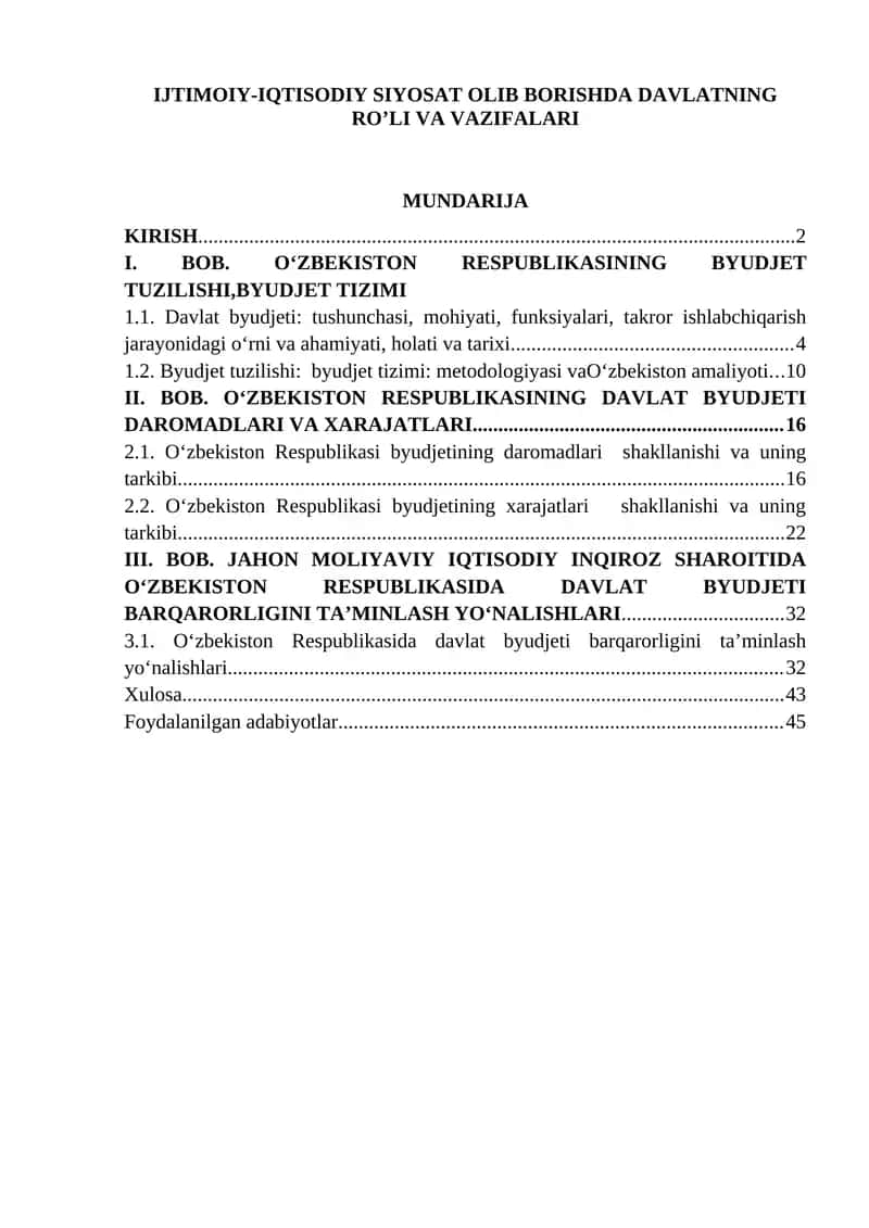IJTIMOIY-IQTISODIY SIYOSAT OLIB BORISHDA DAVLATNING ROʼLI VA VAZIFALARI