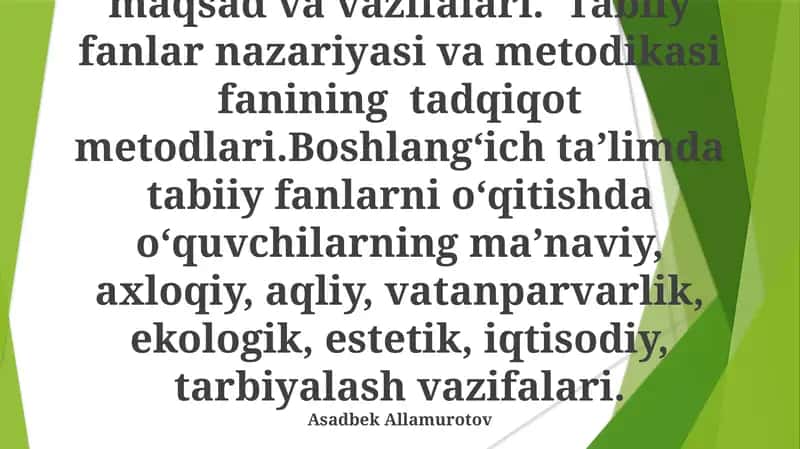 Tabiiy fanlar nazariyasi va metodikasi fanining predmeti, maqsad va vazifalari