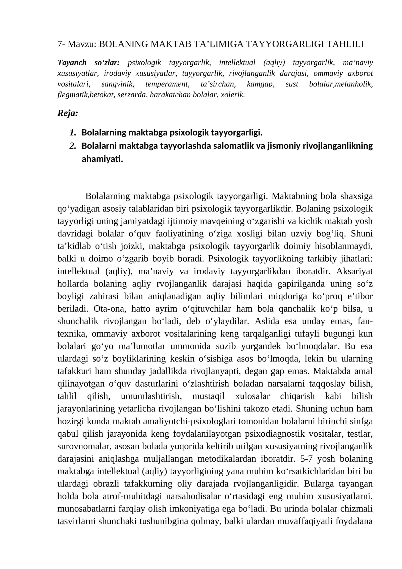 BOLANING MAKTAB TA’LIMIGA TAYYORGARLIGI TAHLILI
