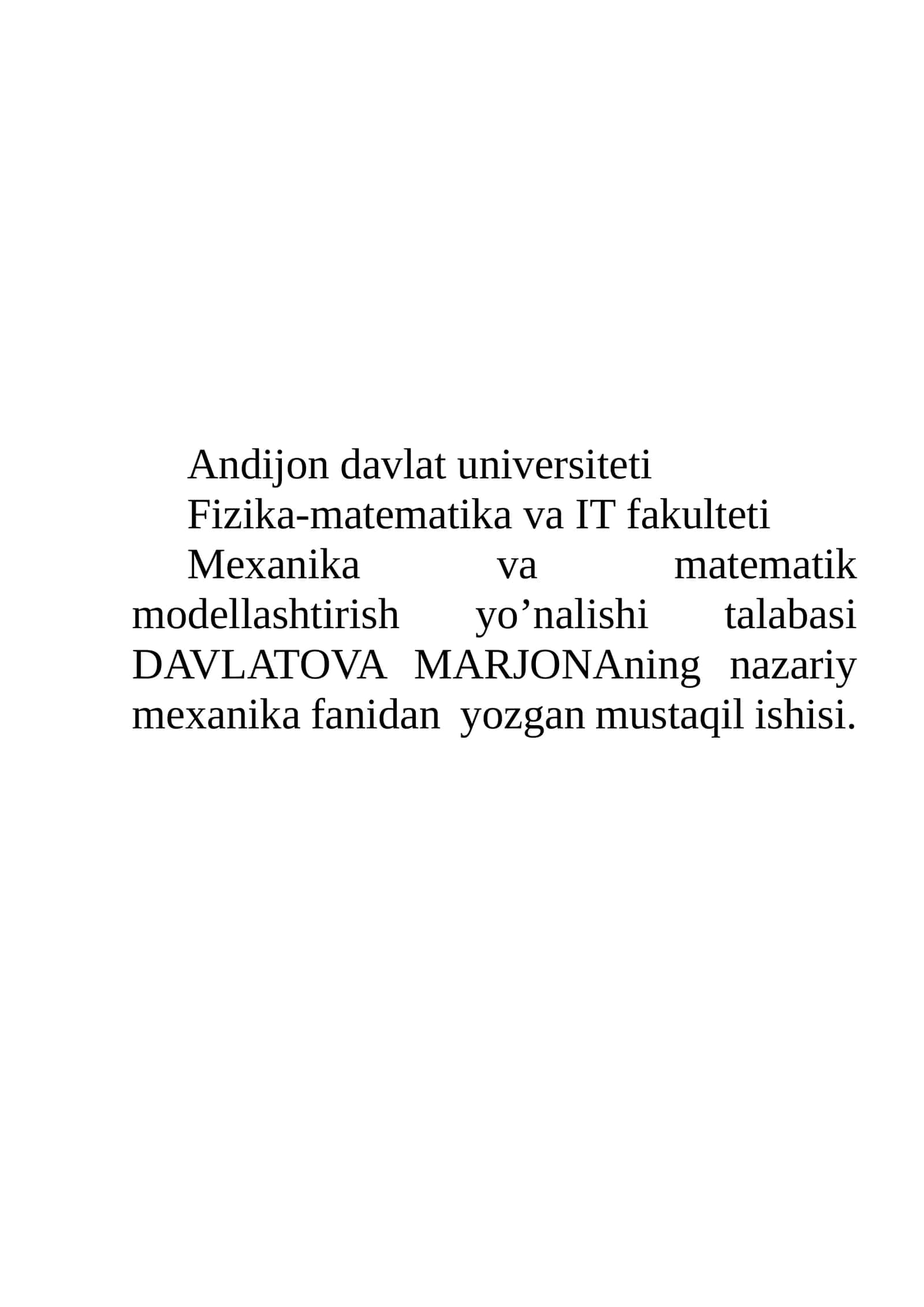 Nazariy mexanika fanidan mustaqil ish