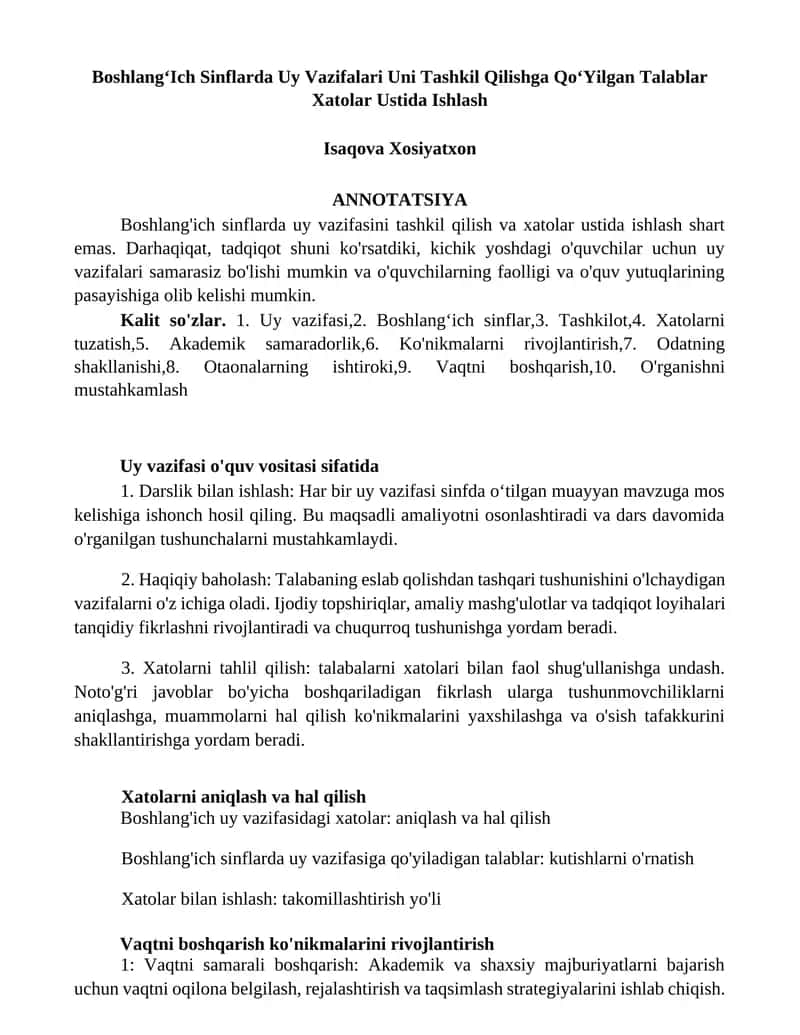 BoshlangʻIch Sinflarda Uy Vazifalari Uni Tashkil Qilishga QoʻYilgan Talablar Xatolar Ustida Ishlash
