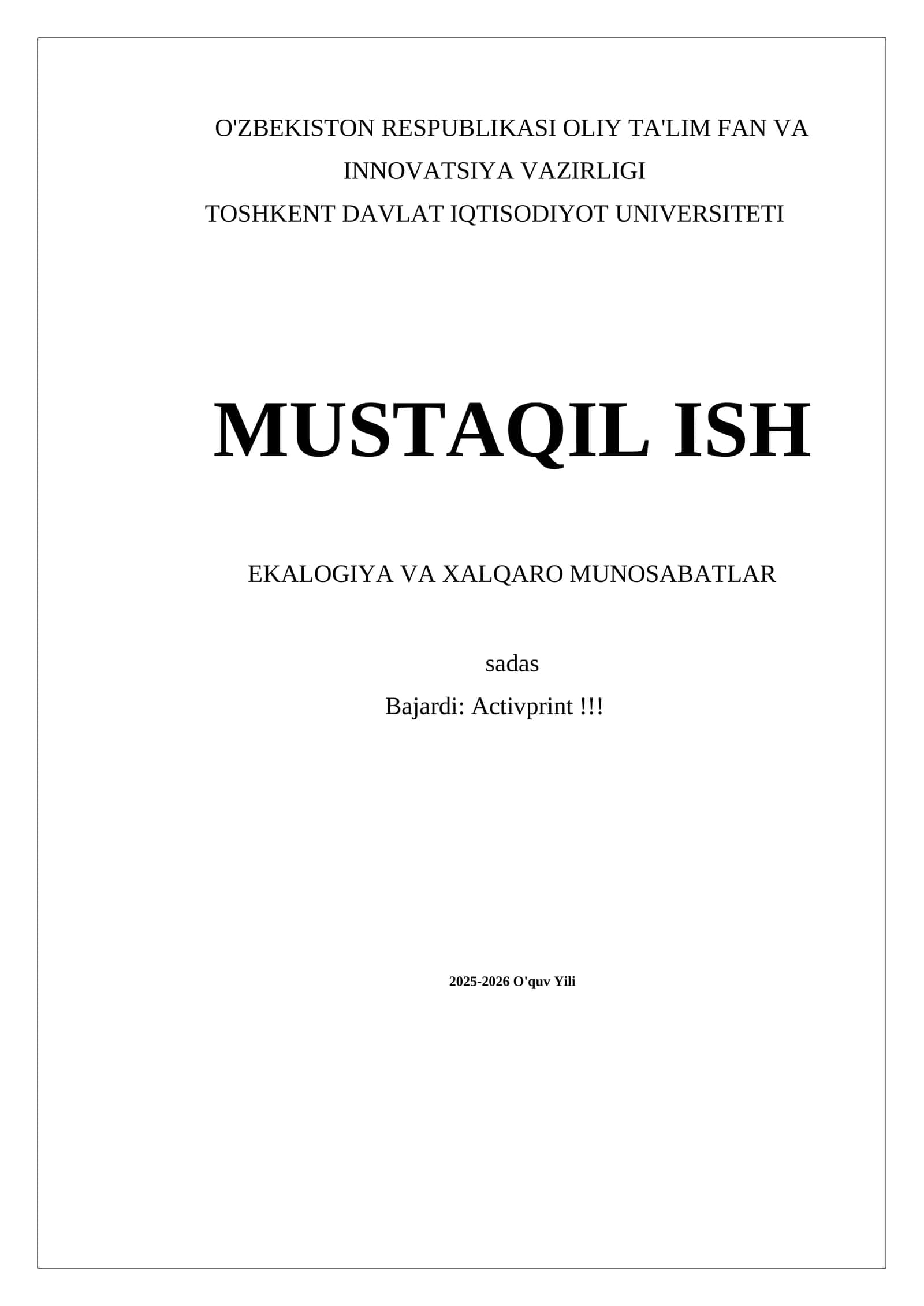 EKALOGIYA VA XALQARO MUNOSABATLAR