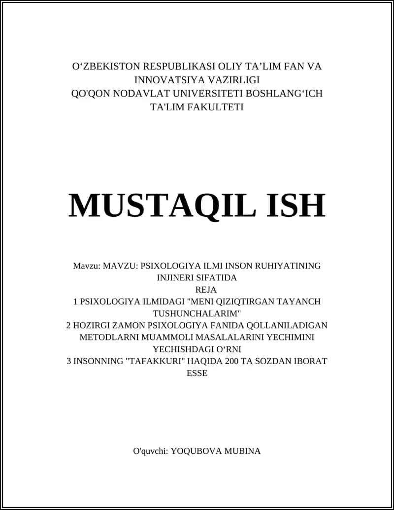 PSIXOLOGIYA ILMIDAGI "MENI QIZIQTIRGAN TAYANCH TUSHUNCHALARIM"