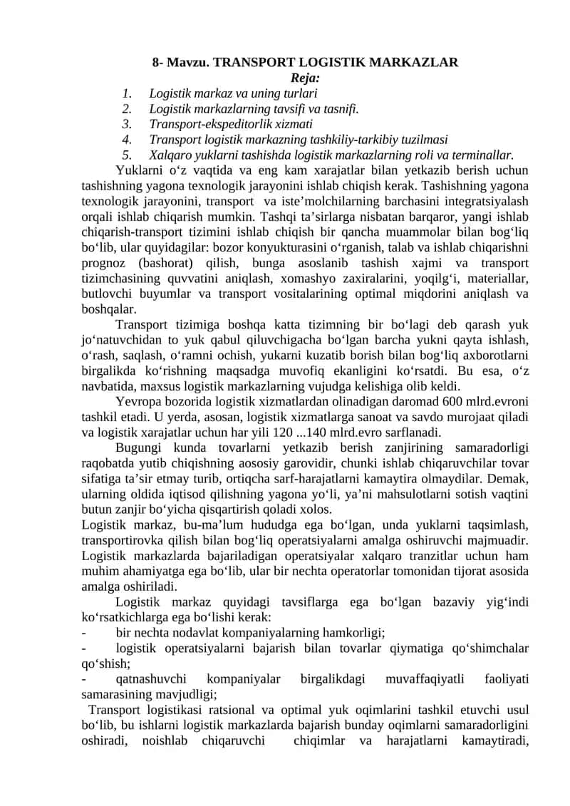 TRANSPORT LOGISTIK MARKAZLAR