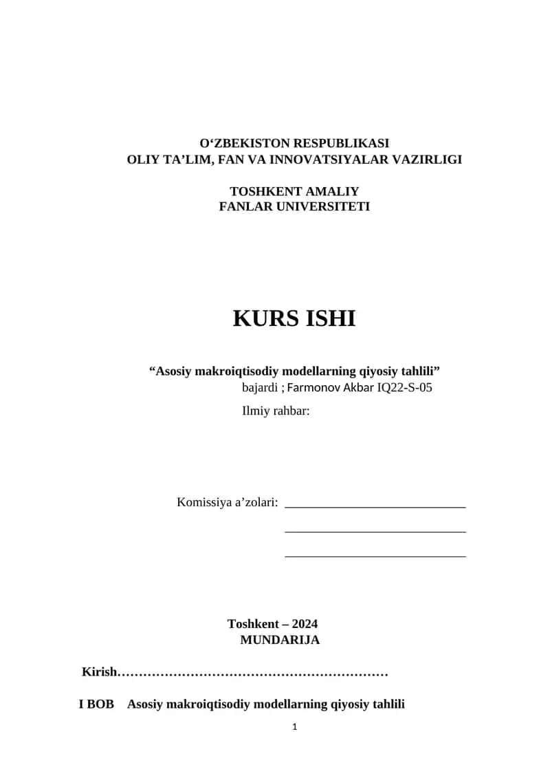Asosiy makroiqtisodiy modellarning qiyosiy tahlili