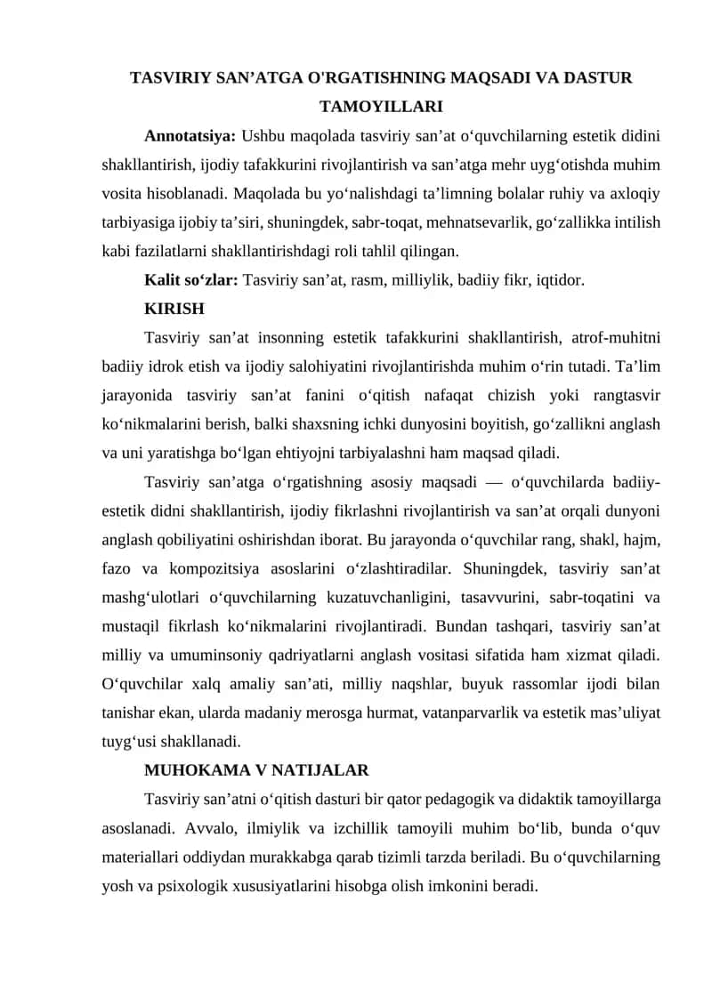 Tasviriy San'atga O'rgatishning Maqsadi va Dastur Tamoyillari