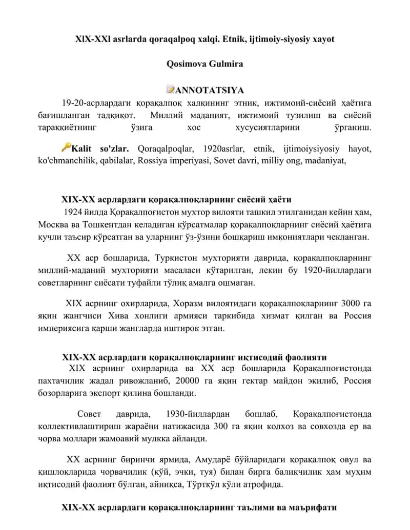 XlX-XXl asrlarda qoraqalpoq xalqi. Etnik, ijtimoiy-siyosiy xayot Qosimova Gulmira