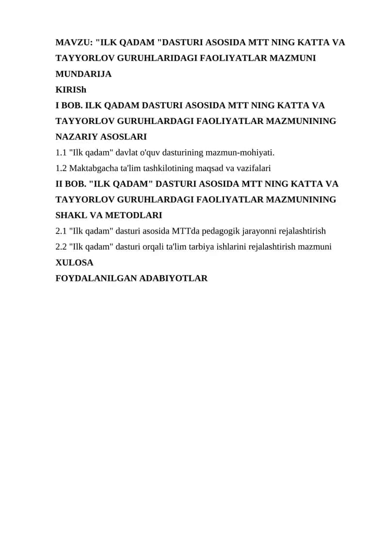 ILK QADAM DASTURI ASOSIDA MTT NING KATTA VA TAYYORLOV GURUHLARIDAGI FAOLIYATLAR MAZMUNI