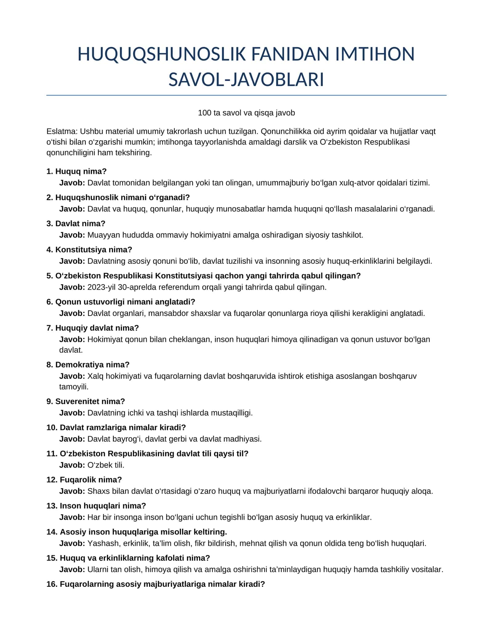 Huquqshunoslik fanidan 100 ta imtihon savol-javobi | Word