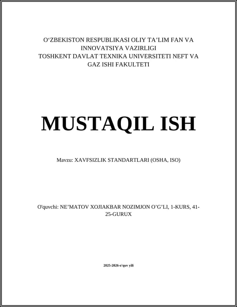 XAVFSIZLIK STANDARTLARI (OSHA, ISO)