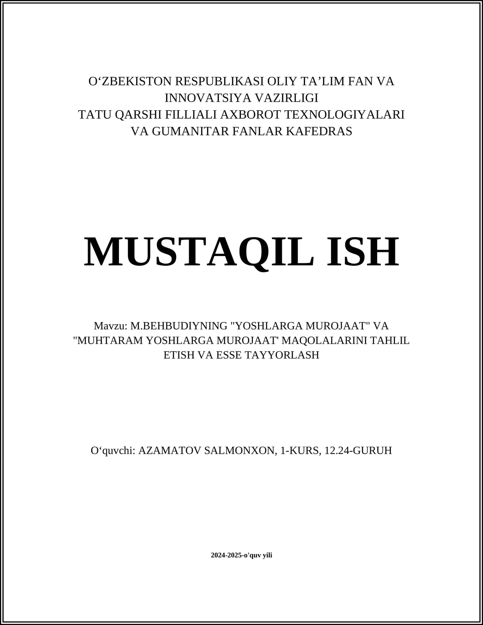 M.BEHBUDIYNING "YOSHLARGA MUROJAAT" VA "MUHTARAM YOSHLARGA MUROJAAT' MAQOLALARINI TAHLIL ETISH VA ESSE TAYYORLASH