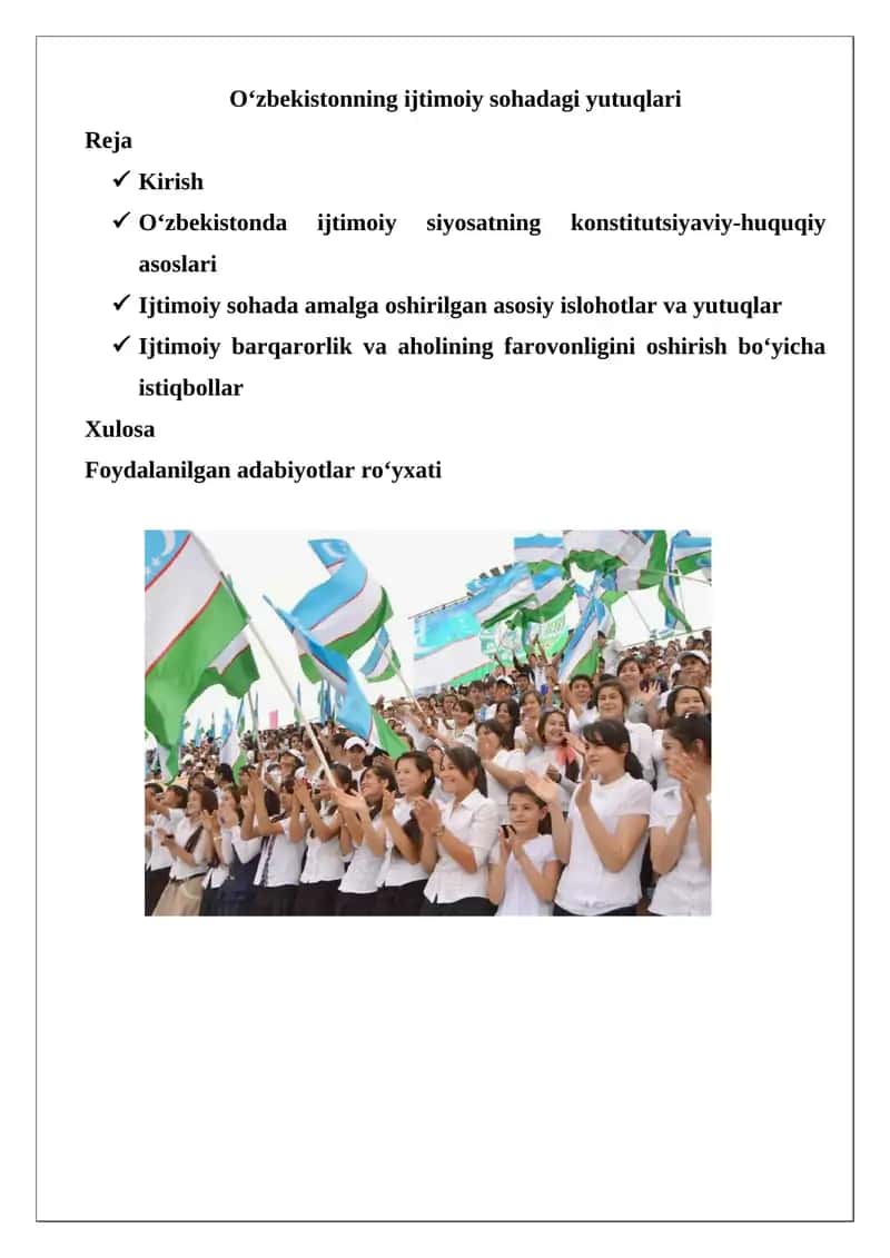 O‘zbekistonning ijtimoiy sohadagi yutuqlari