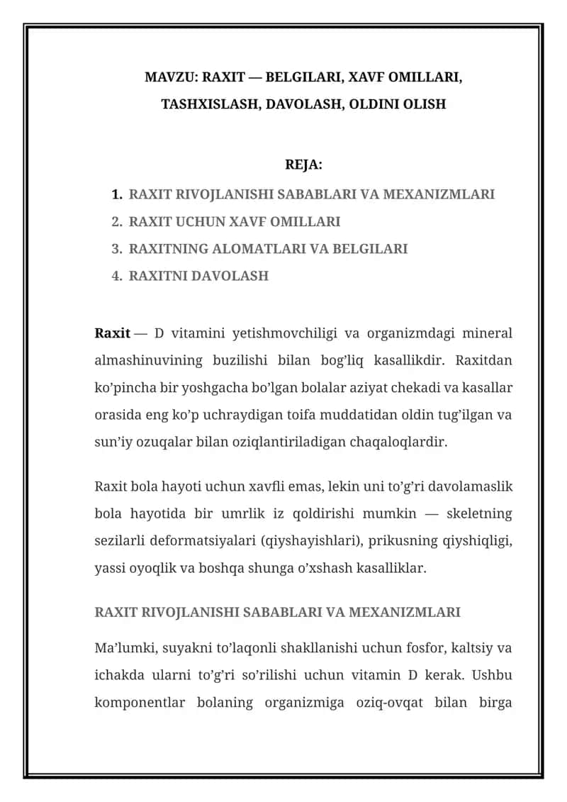 RAXIT — BELGILARI, XAVF OMILLARI, TASHXISLASH, DAVOLASH, OLDINI OLISH