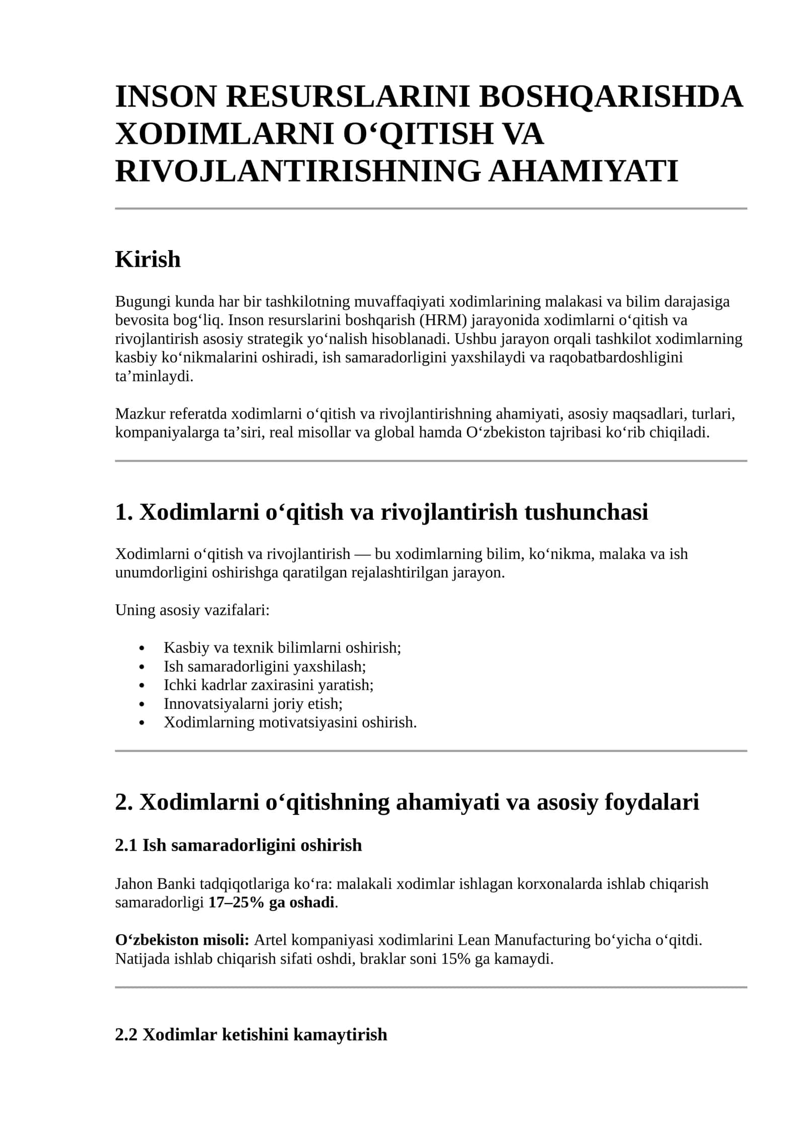 INSON RESURSLARINI BOSHQARISHDA XODIMLARNI O‘QITISH VA RIVOJLANTIRISHNING AHAMIYATI