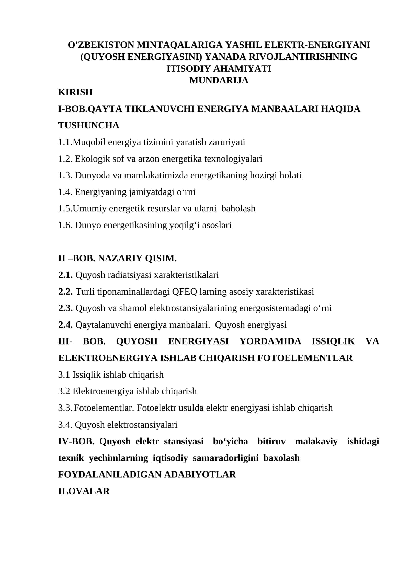 O'zbekiston mintaqalariga yashil elektr-energiyani (Quyosh energiyasini) yanada rivojlantirishning itisodiy ahamiyati