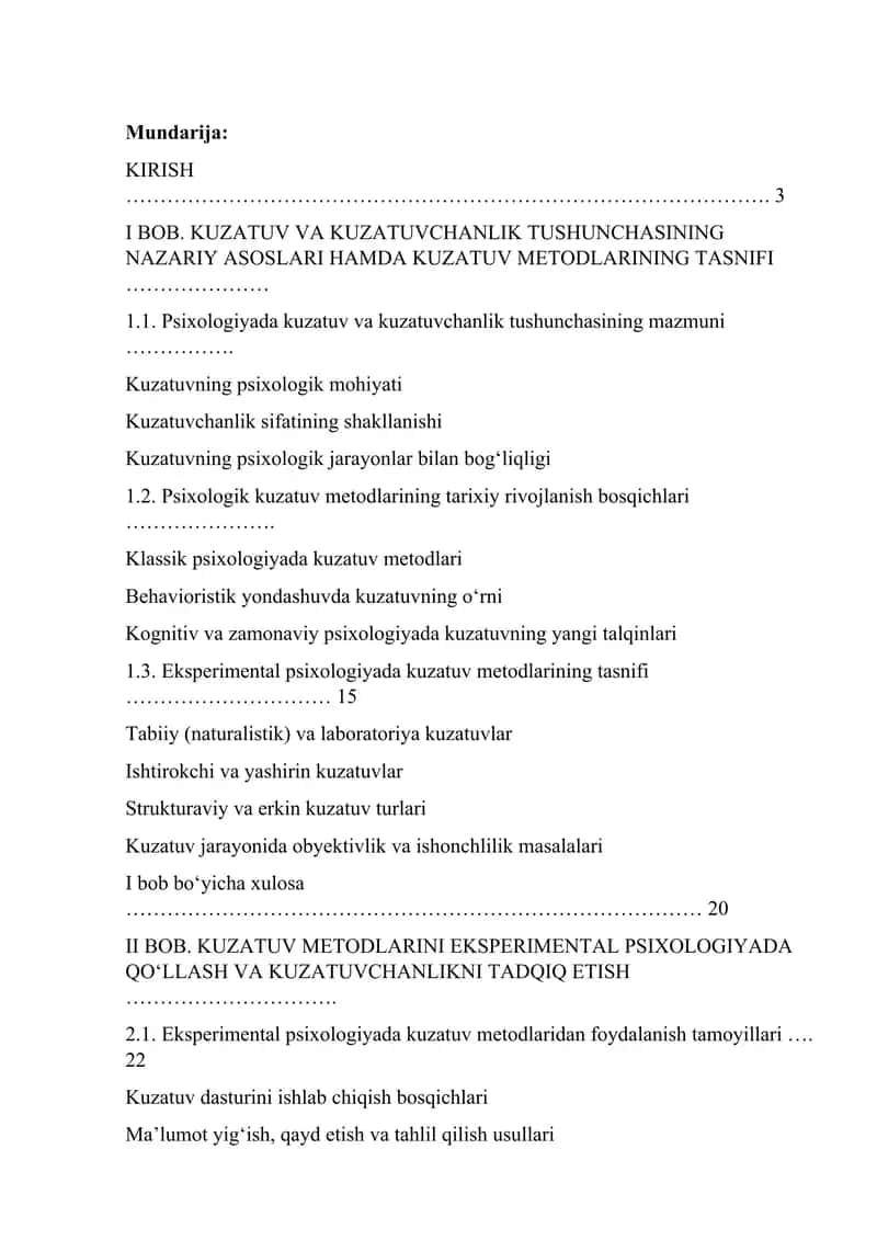 Psixologiyada Kuzatuv va Kuzatuvchanlik Tushunchasi mavzusida kurs ishi
