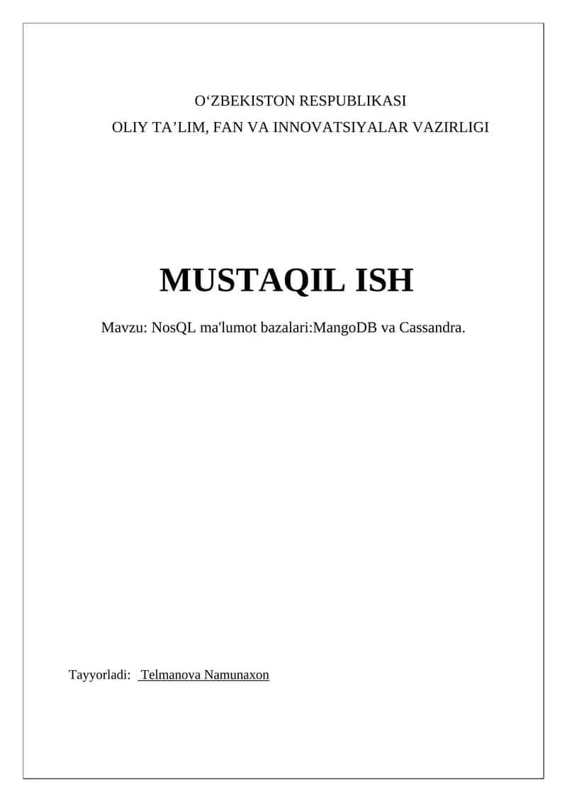 NoSQL ma'lumot bazalari:MangoDB va Cassandra