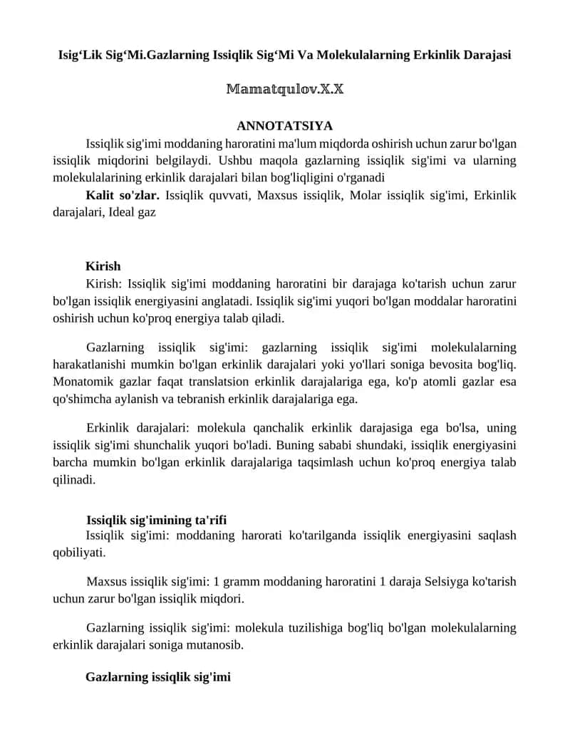 IsigʻLik SigʻMi.Gazlarning Issiqlik SigʻMi Va Molekulalarning Erkinlik Darajasi