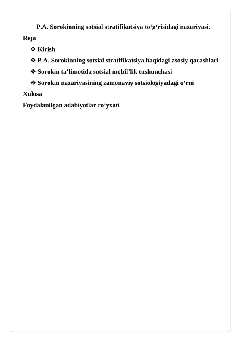 P.A. Sorokinning sotsial stratifikatsiya to‘g‘risidagi nazariyasi
