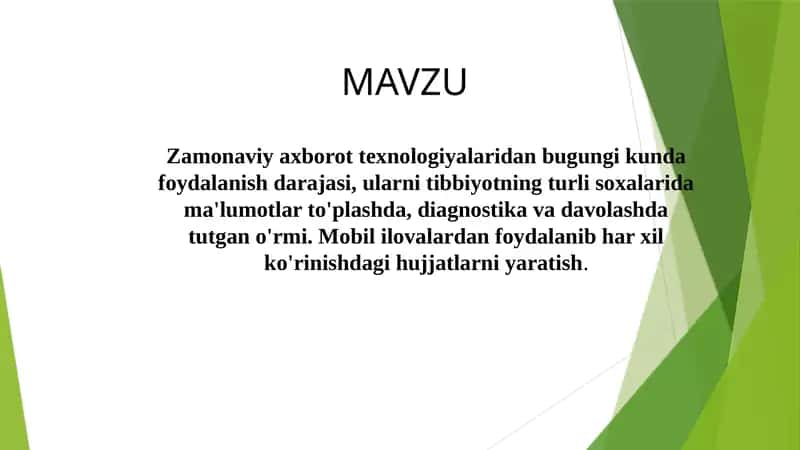 Zamonaviy axborot texnologiyalaridan bugungi kunda foydalanish darajasi, ularni tibbiyotning turli soxalarida ma'lumotlar to'plash
