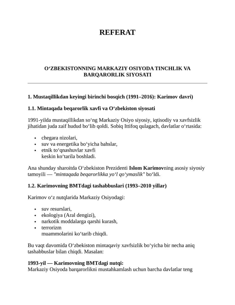 O‘ZBEKISTONNING MARKAZIY OSIYODA TINCHLIK VA BARQARORLIK SIYOSATI