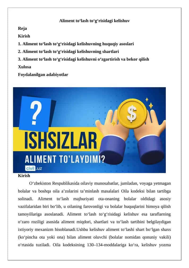 Aliment to‘lash to‘g‘risidagi kelishuv