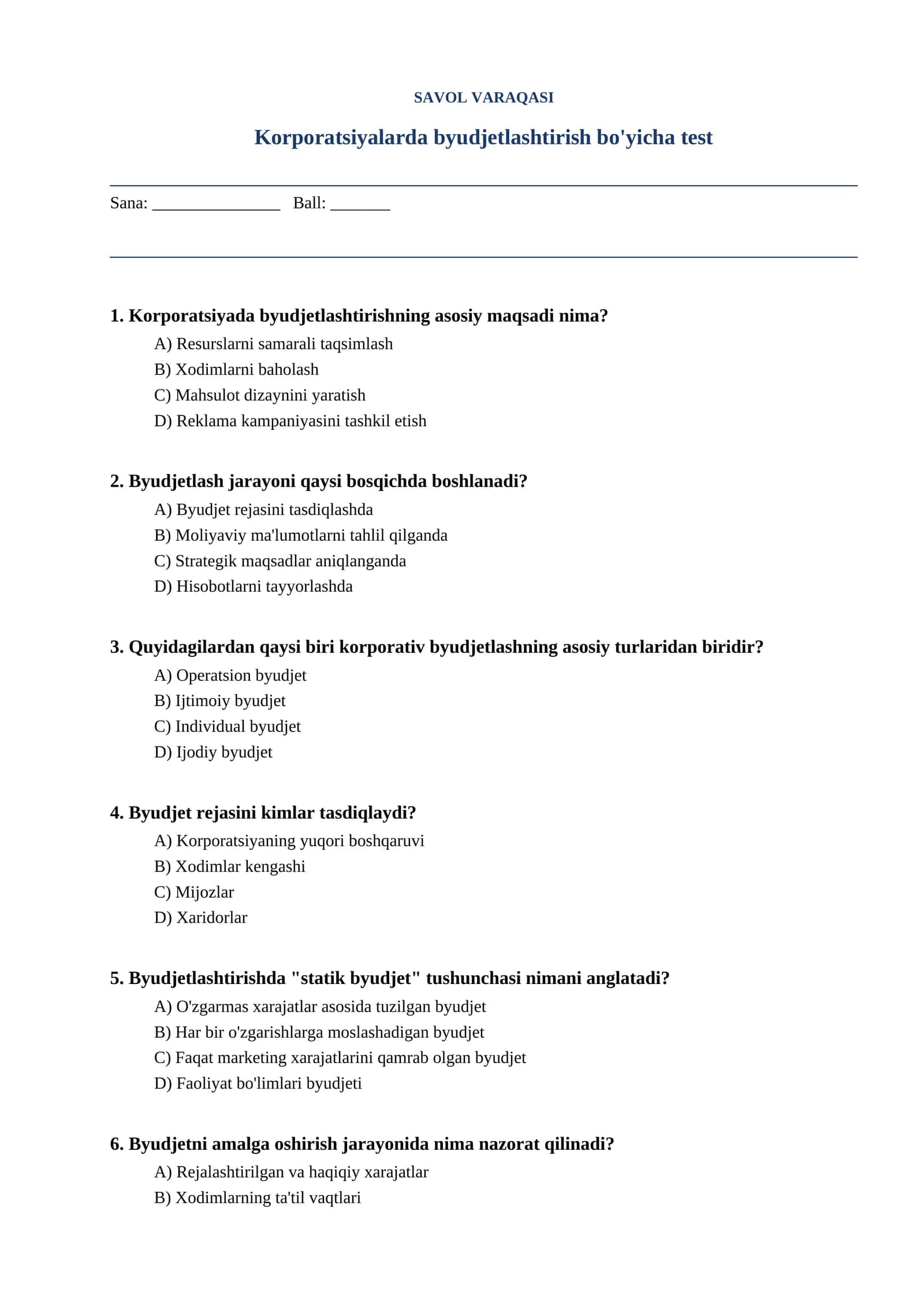 Korporatsiyalarda byudjetlashtirish bo'yicha test