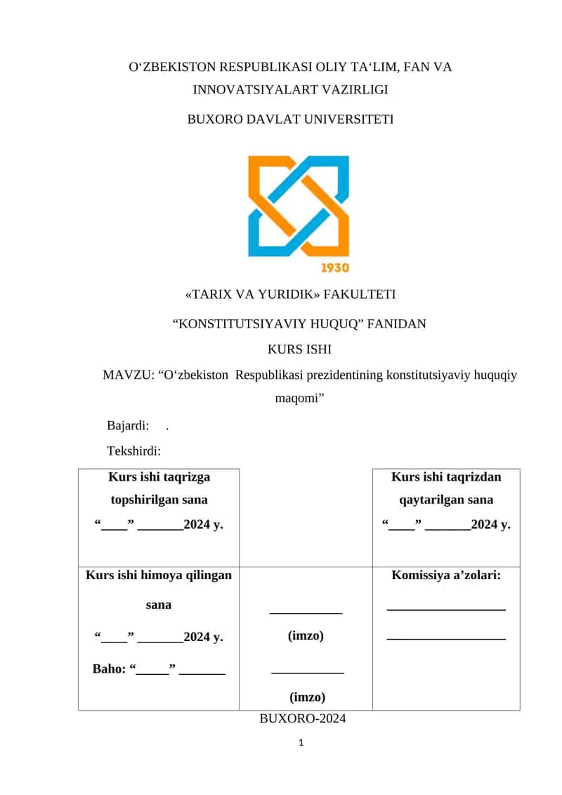 KURS ISHI: “Oʻzbekiston Respublikasi prezidentining konstitutsiyaviy huquqiy maqomi”