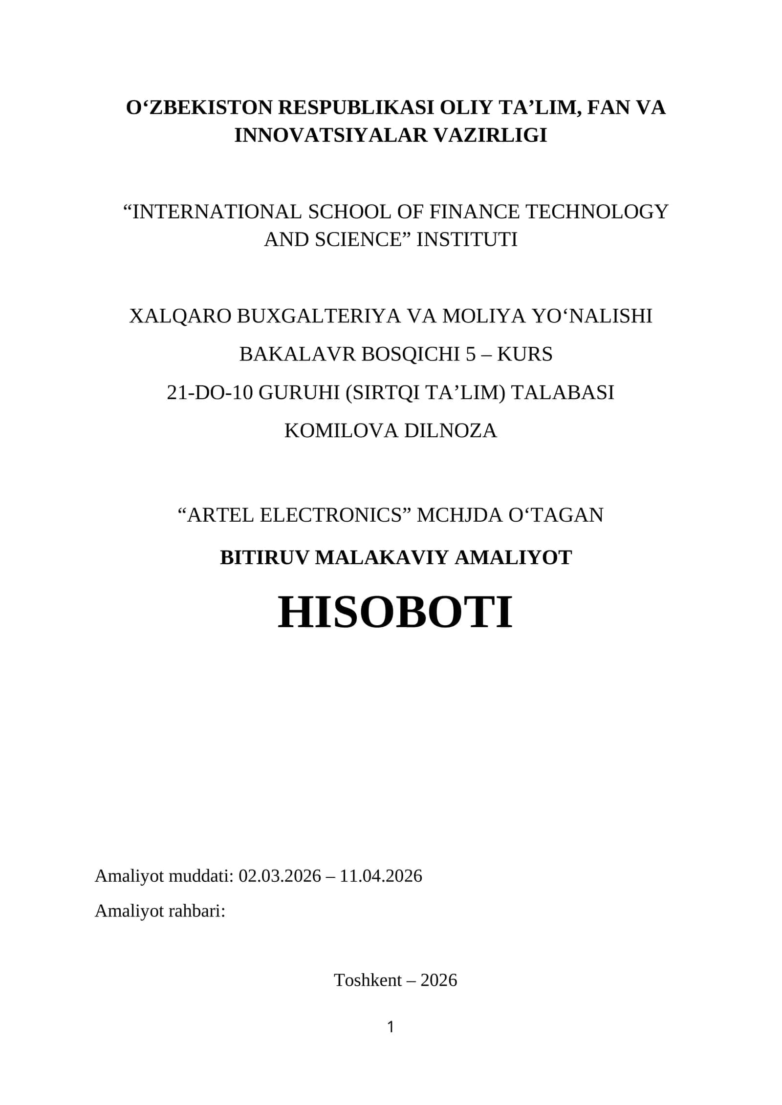 Sovutgichlar ishlab chiqarish kompleksi. mchj.Bitiruv Malakaviy Amaliyot Hisoboti
