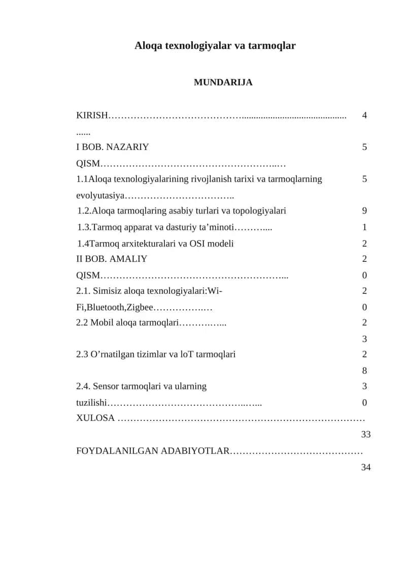 Aloqa texnologiyalar va tarmoqlar