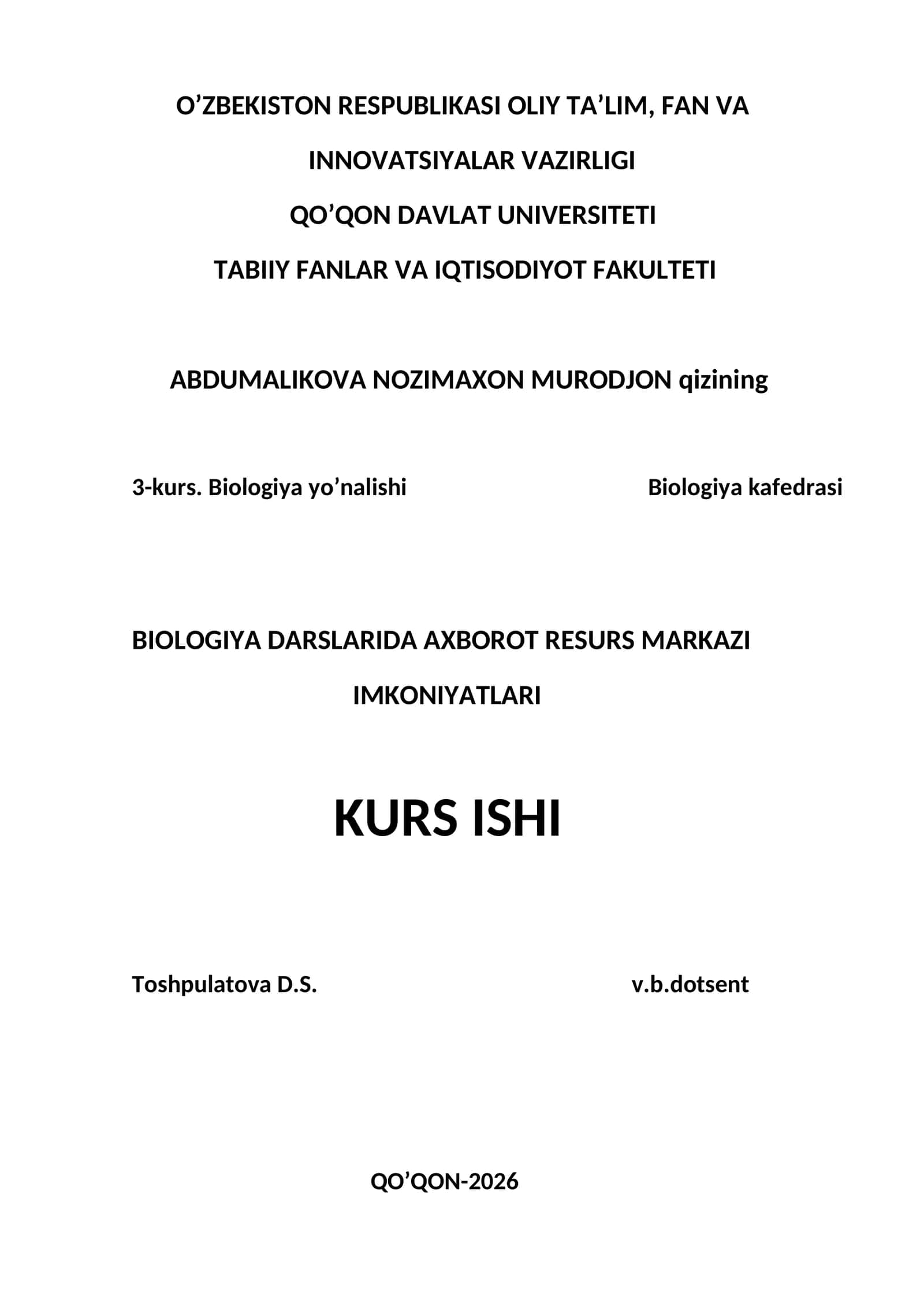 BIOLOGIYA DARSLARIDA AXBOROT RESURS MARKAZI IMKONIYATLARI