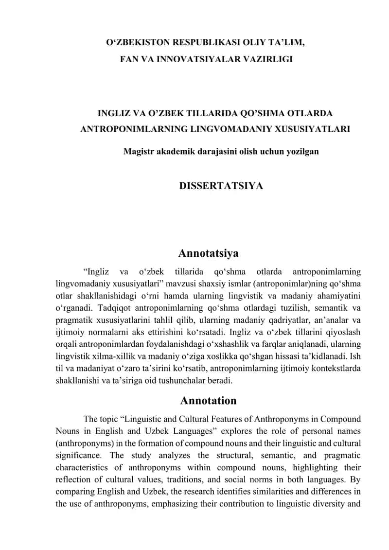 INGLIZ VA O’ZBEK TILLARIDA QO’SHMA OTLARDA ANTROPONIMLARNING LINGVOMADANIY XUSUSIYATLARI