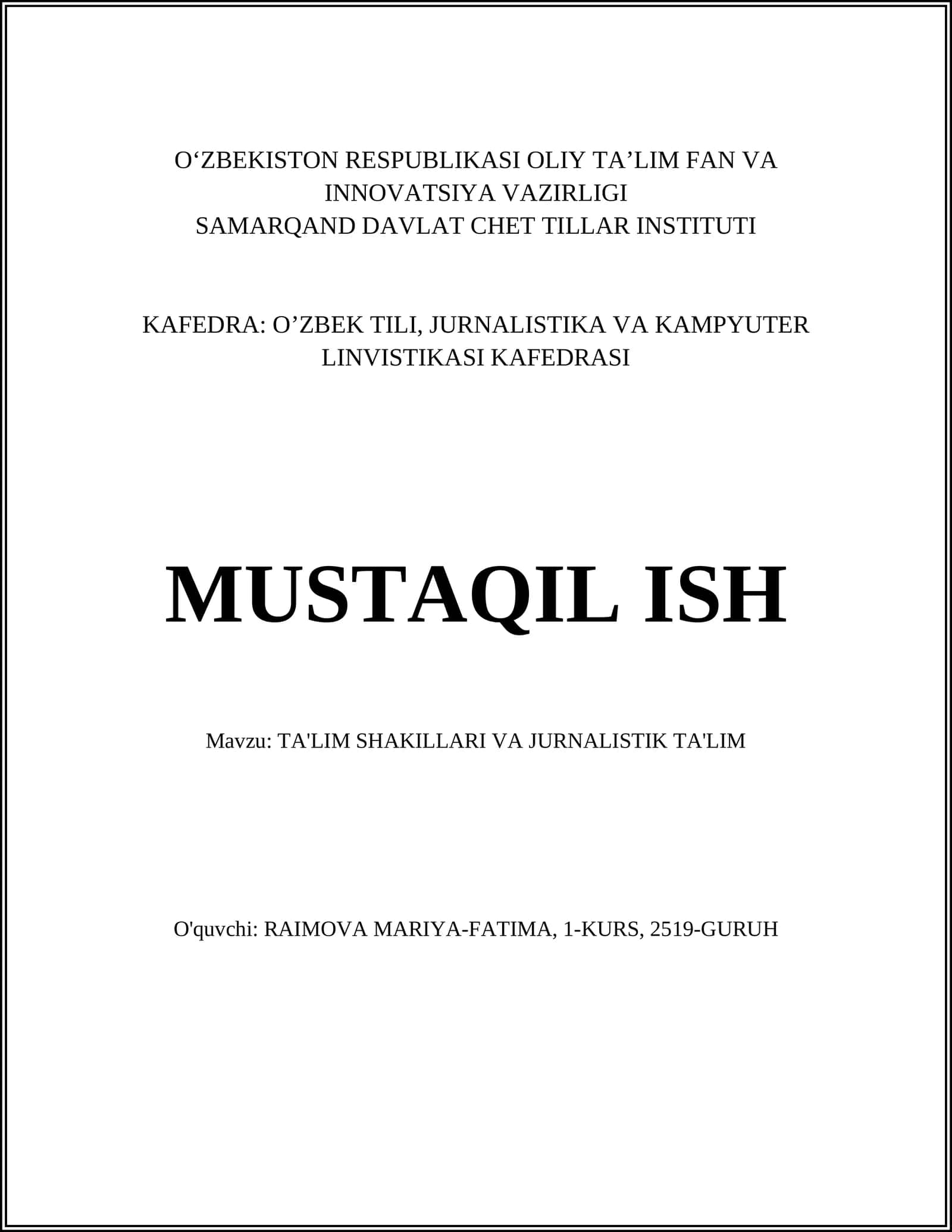 TA'LIM SHAKILLARI VA JURNALISTIK TA'LIM