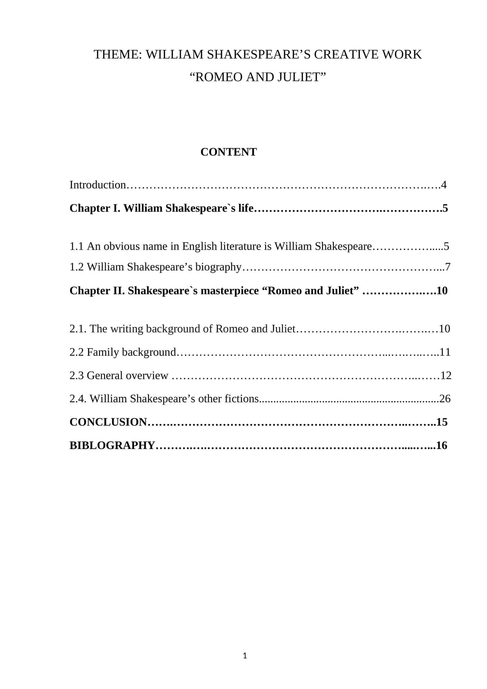 WILLIAM SHAKESPEARE’S CREATIVE WORK “ROMEO AND JULIET”