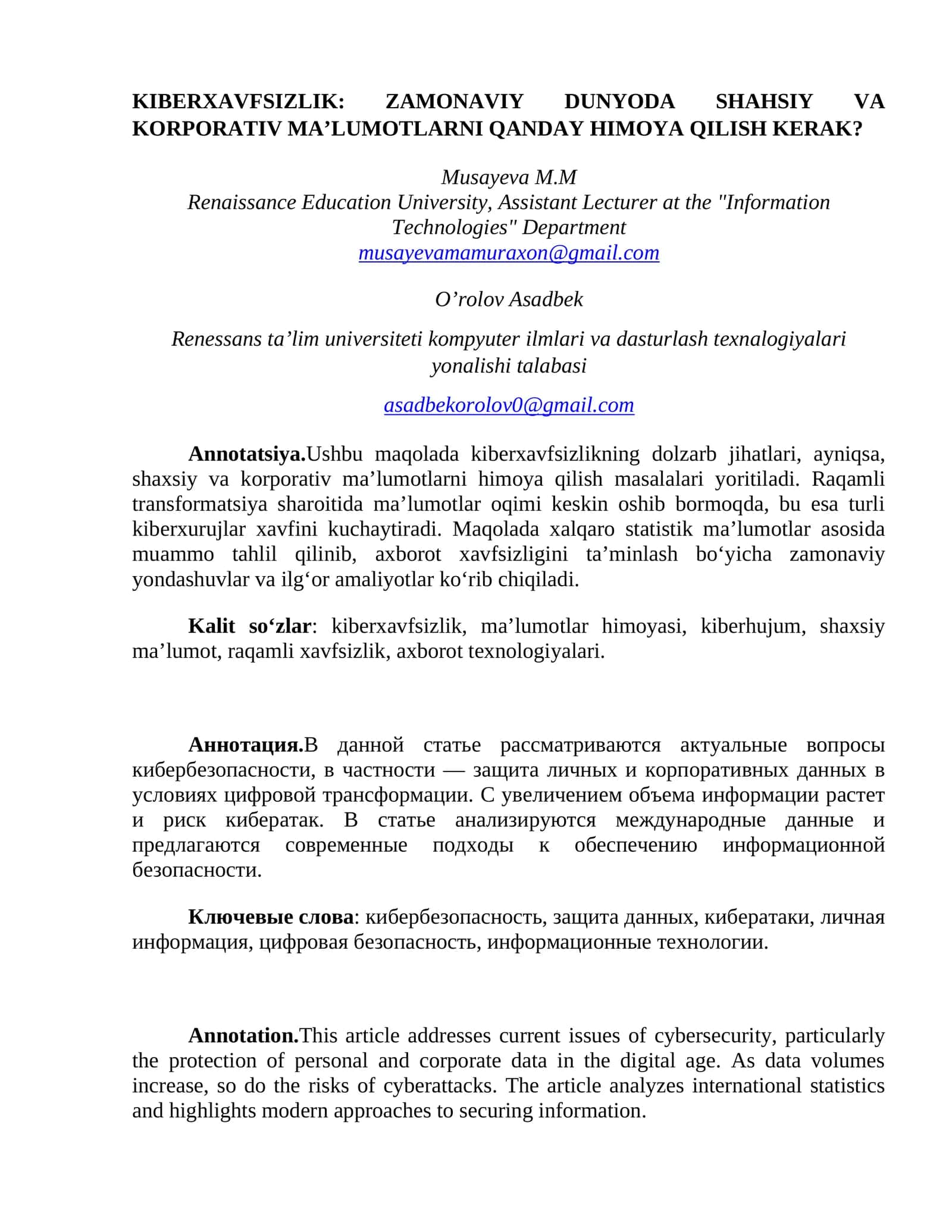KIBERXAVFSIZLIK: ZAMONAVIY DUNYODA SHAHSIY VA KORPORATIV MA’LUMOTLARNI QANDAY HIMOYA QILISH KERAK?