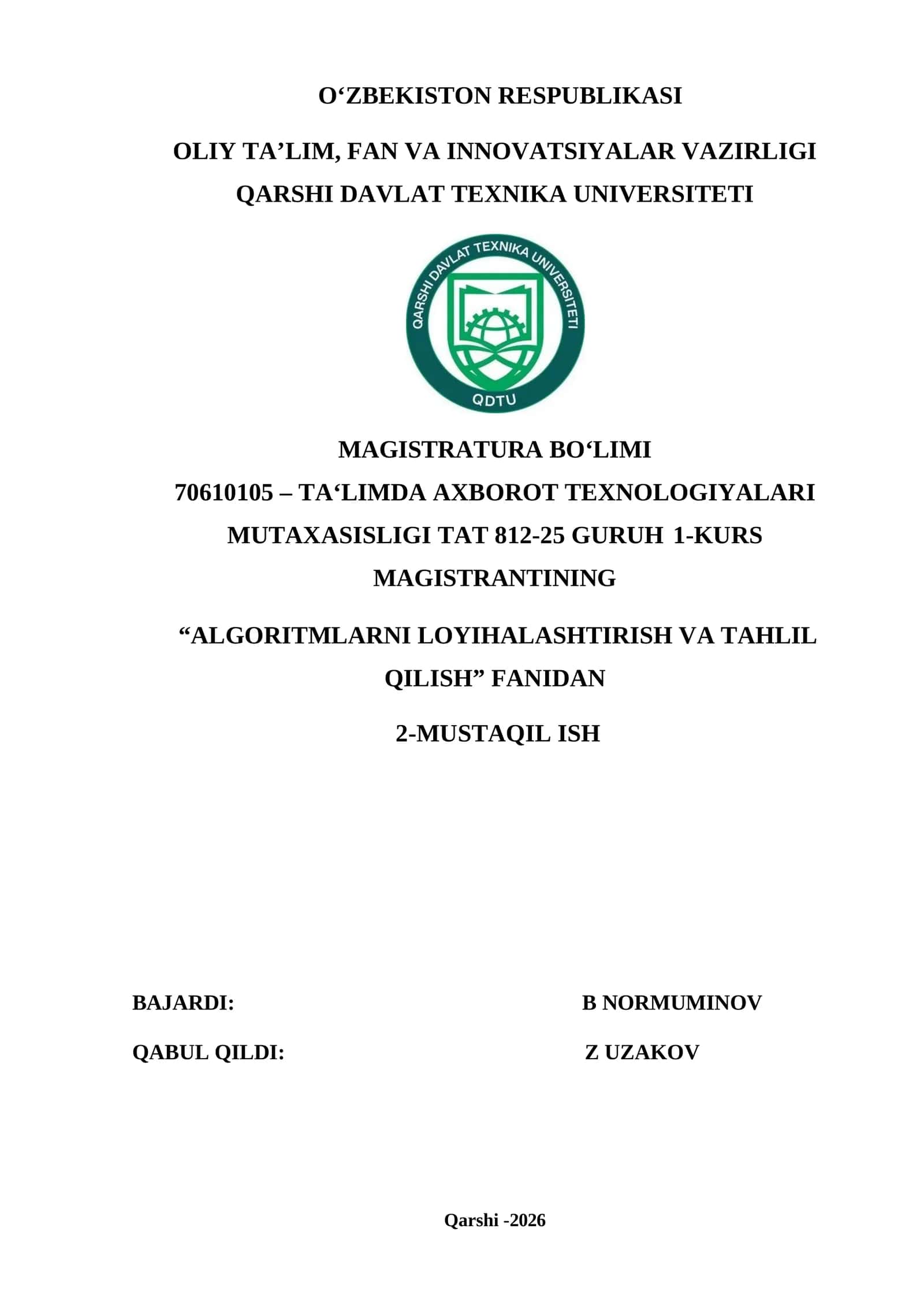 "Algoritmlarni loyihalashtirish va tahlil qilish"
