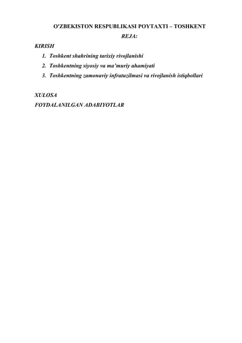 O'ZBEKISTON RESPUBLIKASI POYTAXTI – TOSHKENT