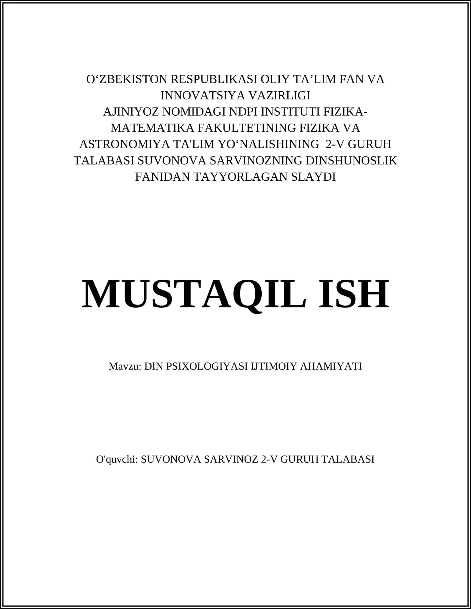 DIN PSIXOLOGIYASI IJTIMOIY AHAMIYATI