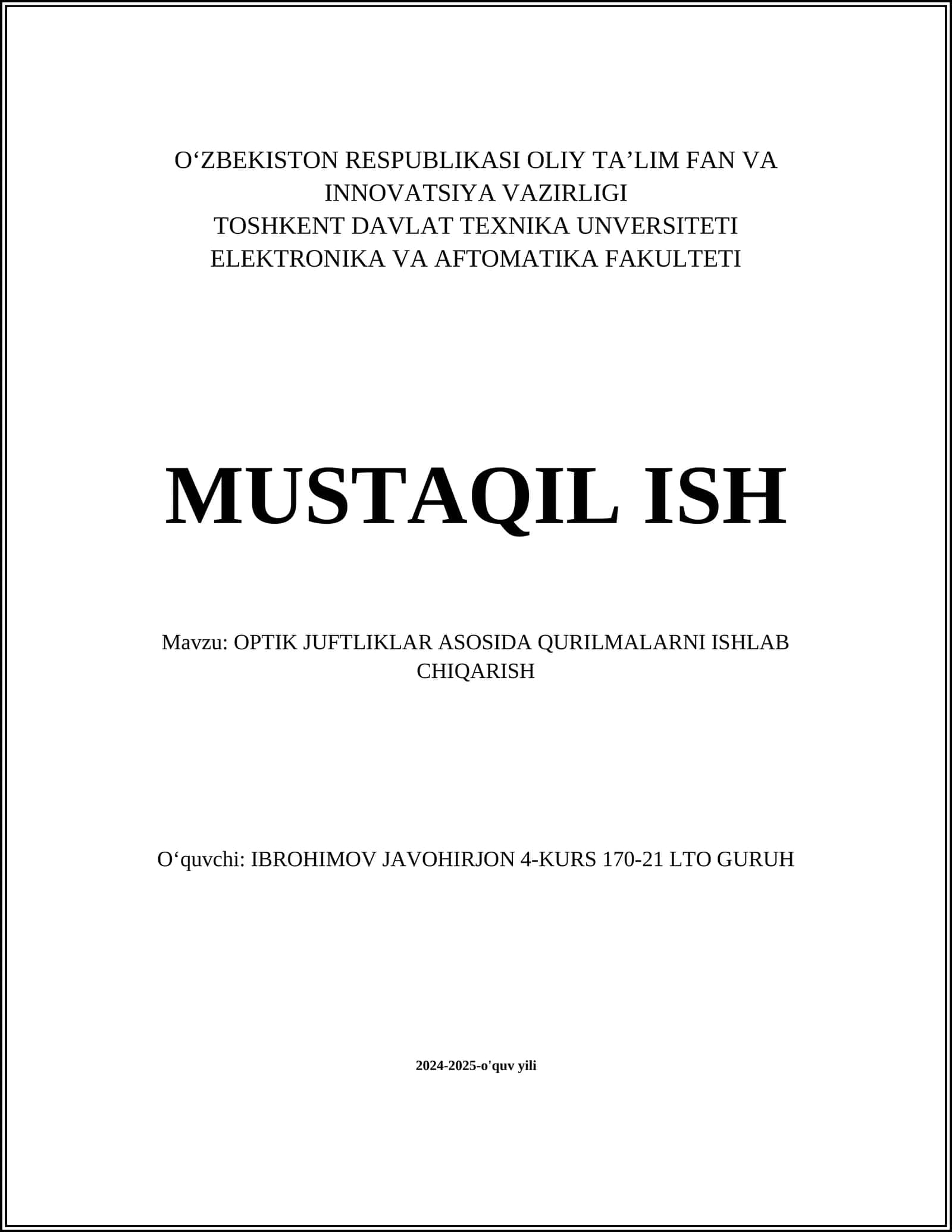 OPTIK JUFTLIKLAR ASOSIDA QURILMALARNI ISHLAB CHIQARISH