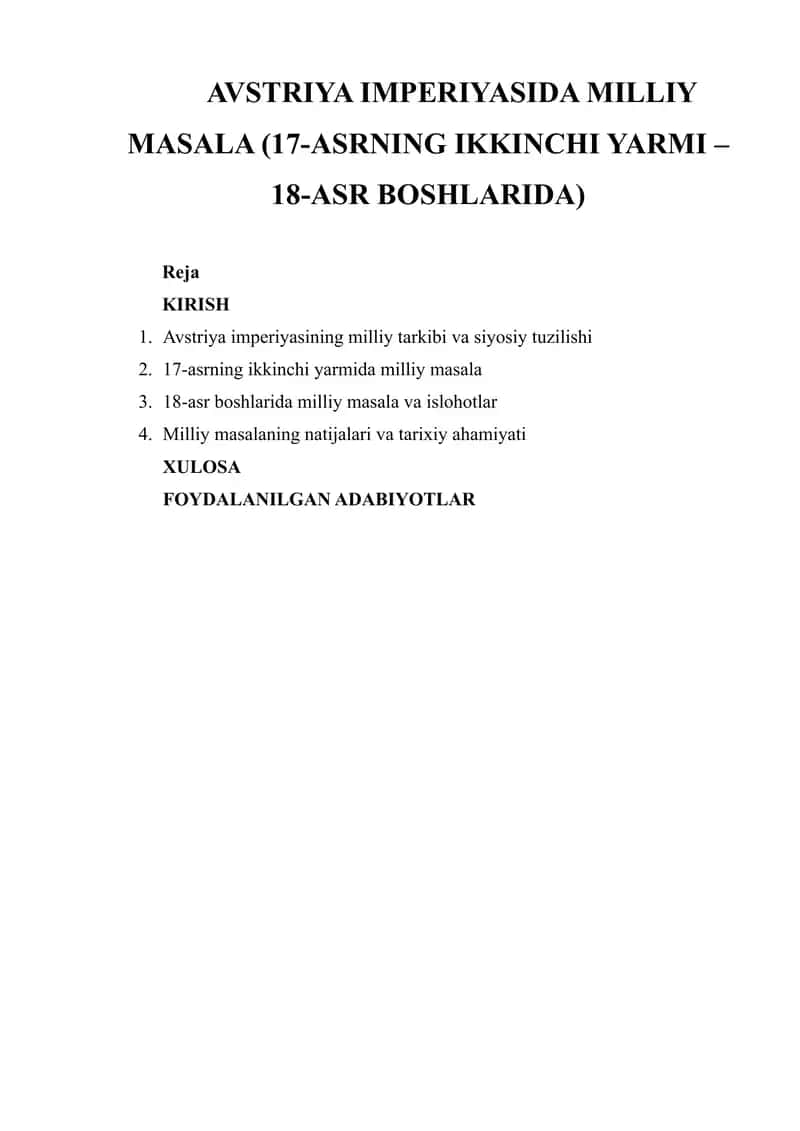 AVSTRIYA IMPERIYASIDA MILLIY MASALA (17-ASRNING IKKINCHI YARMI – 18-ASR BOSHLARIDA)
