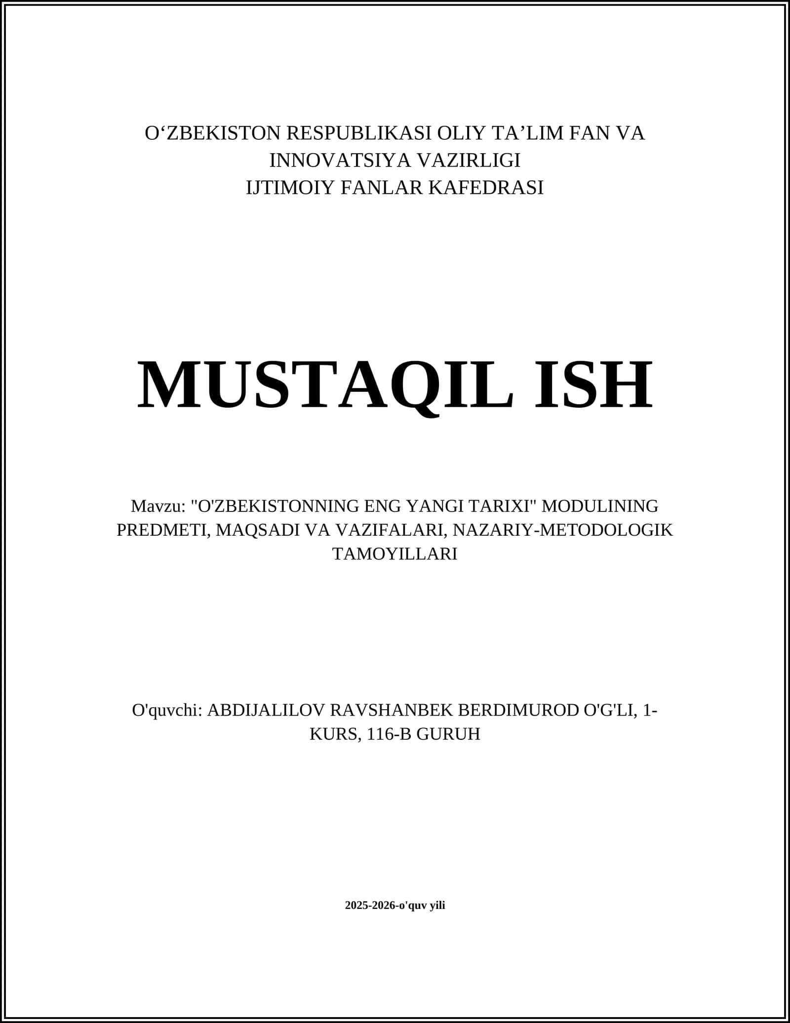O'ZBEKISTONNING ENG YANGI TARIXI MODULI